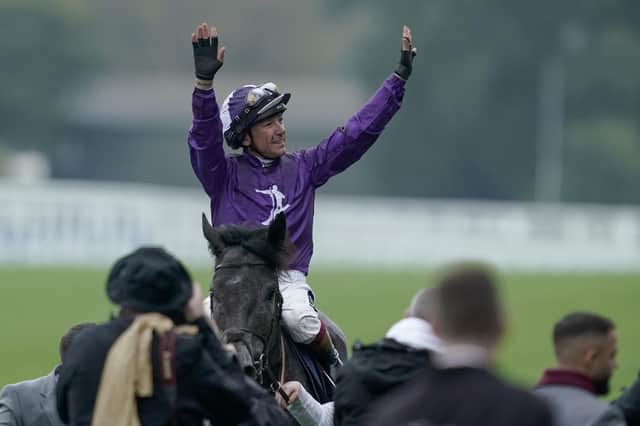 Frankie Dettori celebrates after riding King Of Steel to victory in The Qipco Champion Stakes at Ascot Racecourse. Picture: Alan Crowhurst/Getty Images