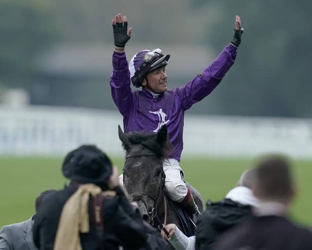 Frankie Dettori celebrates after riding King Of Steel to victory in The Qipco Champion Stakes at Ascot Racecourse. Picture: Alan Crowhurst/Getty Images