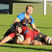 Hugh Tatlow dives over the try-line during Harrogate Pythons' Yorkshire One clash with Bradford Salem. Pictures: Submitted