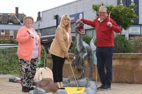 Former ITV Calendar news presenters Duncan Wood and Christine Talbot joined The Mayor of the Borough of Harrogate, Cllr Victoria Oldham, for a game of Jurassic Golf in Harrogate town centre.