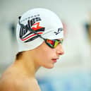 Archie in his swimming cap and goggles