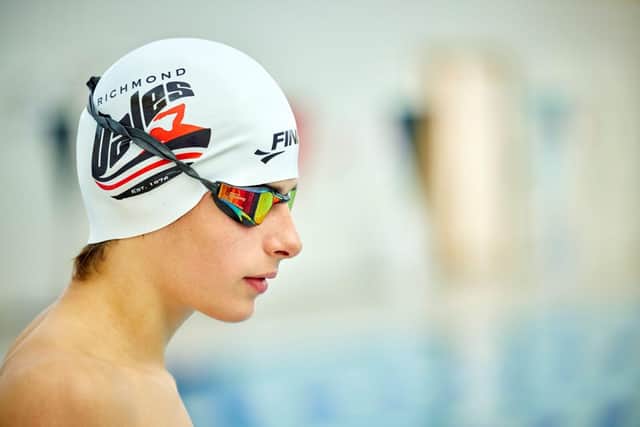 Archie in his swimming cap and goggles