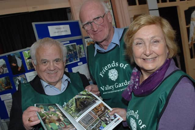 Flashback to happy days in 2013 when Coun Jim Clark, left, manned the Friends of the Valley Gardens stand with Jane and Peter Blayney as part of the Royal Hall's 110th anniversary celebrations. (1305272AM1)