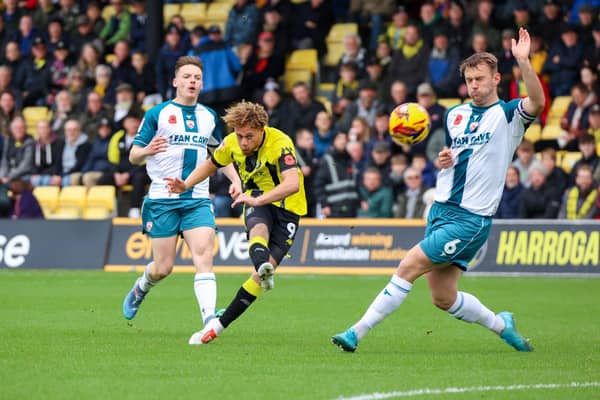 Stephen Duke-McKenna takes aim at the Morecambe goal during Harrogate Town's 2-1 home defeat to the Shrimps at Wetherby Road. Picture: Matt Kirkham