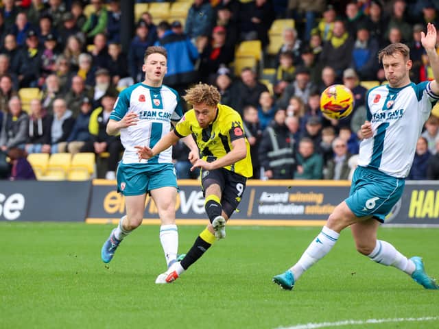 Stephen Duke-McKenna takes aim at the Morecambe goal during Harrogate Town's 2-1 home defeat to the Shrimps at Wetherby Road. Picture: Matt Kirkham