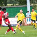 Adam Priestley curls home a first-half equaliser for Knaresborough Town during their FA Vase clash with Colne. Picture: Graham Finney Photography/Knaresborough Town AFC