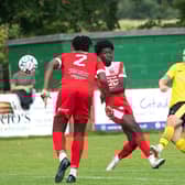 Adam Priestley curls home a first-half equaliser for Knaresborough Town during their FA Vase clash with Colne. Picture: Graham Finney Photography/Knaresborough Town AFC