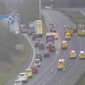 Fire engines and police vehicles at the scene of the collision on the A1(M) near Wetherby. Picture: Highways England/Crown 2022