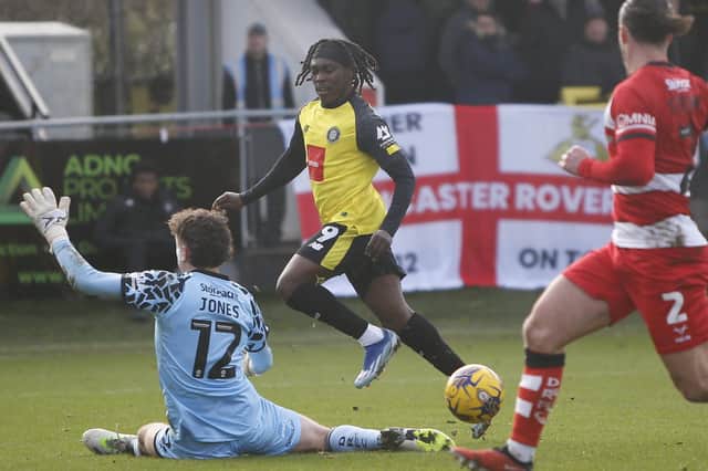Abraham Odoh missed a first-half chance to put Harrogate Town 2-1 up against Doncaster Rovers. Pictures: Paul Thompson/ProSportsImages