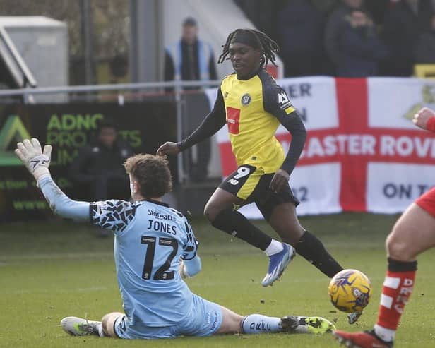 Abraham Odoh missed a first-half chance to put Harrogate Town 2-1 up against Doncaster Rovers. Pictures: Paul Thompson/ProSportsImages