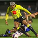 Harrogate Town forward Dior Angus in action against Colchester United. Pictures: Matt Kirkham