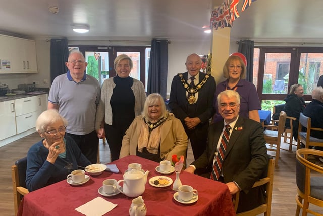 At the Sycamore Hall Care Home VFF celebration are (from left) residents Sylvia Hogan, 86, and Ian Newby, 86, Ewelina Sosnowska, home manager, Mayoress Linda Hawke, Mayor Cllr Sid Hawke, Phill Basey, Royal Air Force and Merchant Navy veteran, and Jill Scaife, activities coordinator and veteran champion.