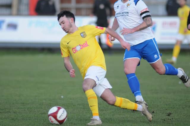 Theo Hudson squandered one of Tadcaster Albion's clearest scoring opportunities as the Brewers suffered a 2-0 home loss to fellow strugglers Carlton Town. Picture: Dom Taylor