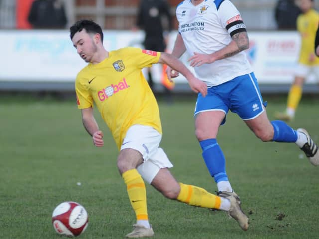 Theo Hudson squandered one of Tadcaster Albion's clearest scoring opportunities as the Brewers suffered a 2-0 home loss to fellow strugglers Carlton Town. Picture: Dom Taylor