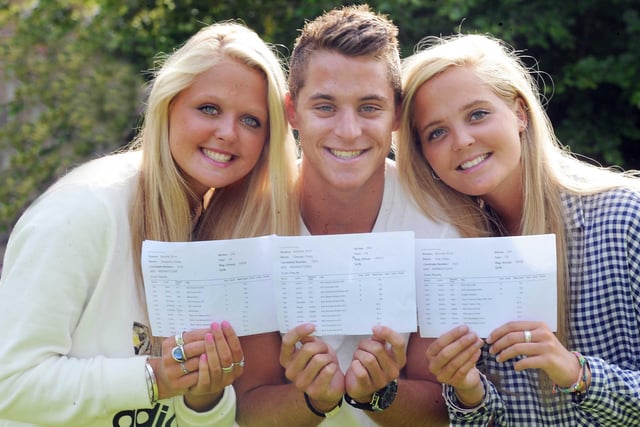Triplets Alexandra, George and Zoe Ellaby of Ashville College celebrating their A-level results in 2014