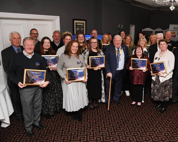 Representatives of the 14 charities and groups chosen to receive Legacy Fund grants with Bill O’Rourke, Harrogate Brigantes Rotary President, and Matthew Stamford, Chair of the Legacy Selection Panel, at the event at Oakdale Golf Club