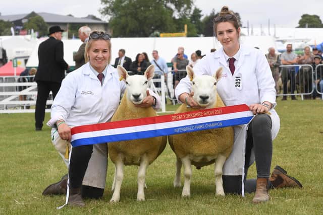 Mary and Annie Stones with their North Country Cheviot who were crowned Overall Pair of Lambs champions