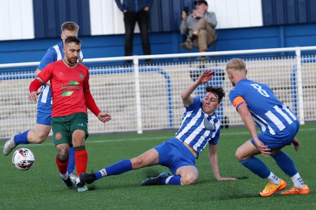 Skipper Dan McDaid scored the only goal of the game as Harrogate Railway edged out Staveley Miners Welfare. Picture: Craig Dinsdale