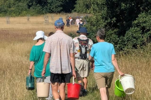 Long Lands Common volunteers have been taking emergency action in recent weeks during Yorkshire’s drought to protect nearly 2,000 trees on the site between Harrogate and Knaresborough. (Picture contributed)
