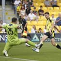 Harrogate Town winger Ellis Taylor fails to beat Carlisle United goalkeeper Harry Lewis during Saturday's pre-season defeat to the Cumbrians. Picture: Paul Thompson/ProSportsImages