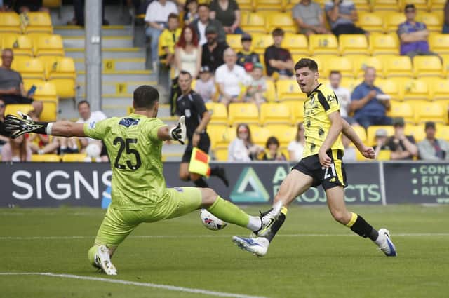 Harrogate Town winger Ellis Taylor fails to beat Carlisle United goalkeeper Harry Lewis during Saturday's pre-season defeat to the Cumbrians. Picture: Paul Thompson/ProSportsImages