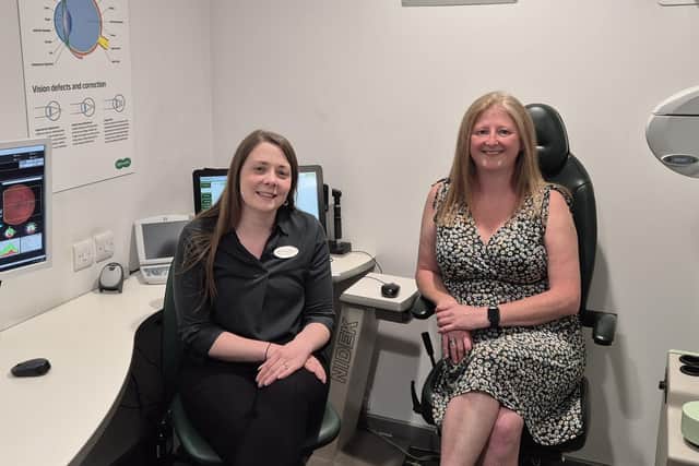 'Life saving' health check - Ripon woman Alexandra Nicol, 43, attended a Saturday clinic at Specsavers Ripon with optometrist director, Katherine Friis. (Picture contributed)