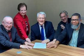Faith leaders and Harrogate and Knaresborough MP Andrew Jones after a meeting where they called tolerance, calm and respect.  From left, Bernard Cohen, President of Harrogate Synagogue, Mrs Roma Cohen, Andrew Jones MP,  The Rev Alan Garrow and Imam Hasan Muhammad. (Picture contributed)