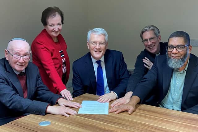Faith leaders and Harrogate and Knaresborough MP Andrew Jones after a meeting where they called tolerance, calm and respect. From left, Bernard Cohen, President of Harrogate Synagogue, Mrs Roma Cohen, Andrew Jones MP, The Rev Alan Garrow and Imam Hasan Muhammad. (Picture contributed)