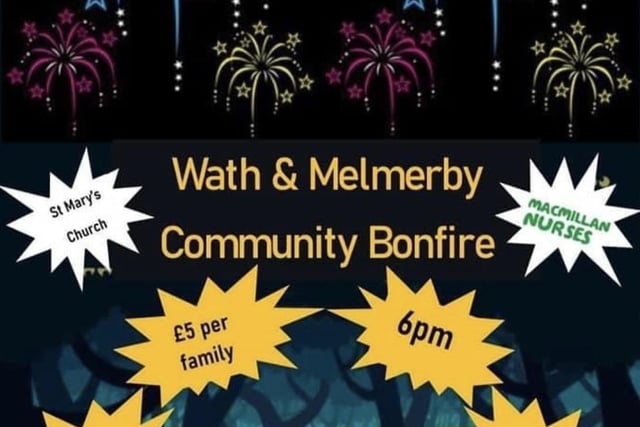Melmerby & Wath Community Bonfire is located in Ripon. The family-friendly annual event includes a BBQ, a bar and fireworks, and is taking place on Saturday, November 5.