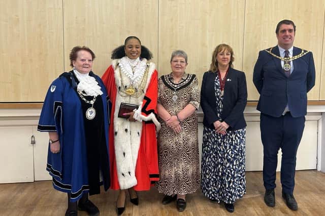 Pictured from left to right: Mayor of Otley, Lord Mayor of Leeds, Mayor of Wetherby, Deputy Mayor of Morley and Mayor of Tadcaster.