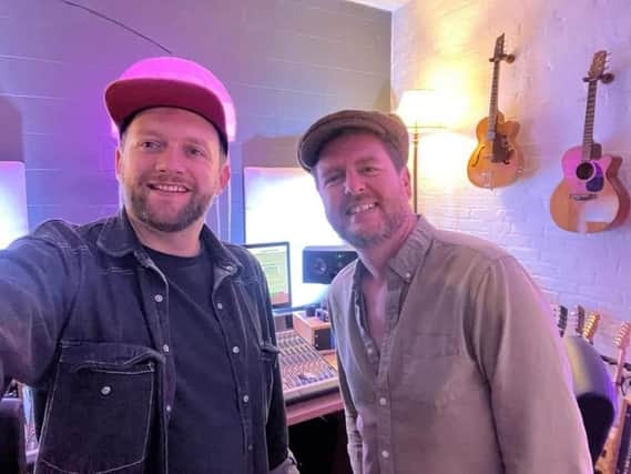 Paul Mirfin, right, during recording sessions for his band's new single with producer Jason Odle at Developing Sounds Studio in Harrogate.