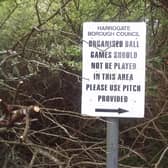 The old  sign about "organised ball games" claimed to be by Harrogate Borough Coucil advising residents in Bilton to use land which has now been impacted by a wave of tree planting. (Picture courtesy of Val Rodgers)