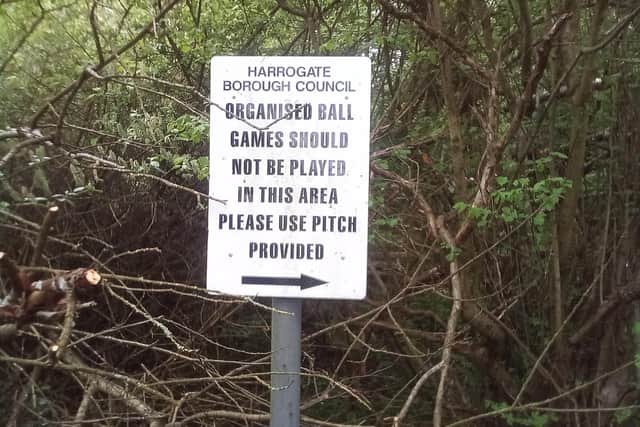 The old  sign about "organised ball games" claimed to be by Harrogate Borough Coucil advising residents in Bilton to use land which has now been impacted by a wave of tree planting. (Picture courtesy of Val Rodgers)