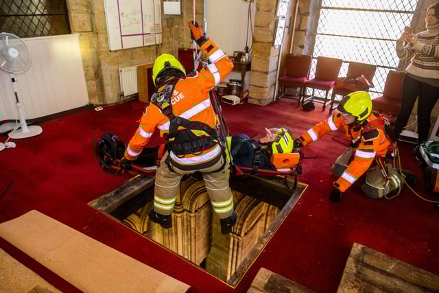 Verger Lucinda Taylor was strapped onto a stretcher and lowered 15 metres down to the cathedral floor from a trap door in the ringing room