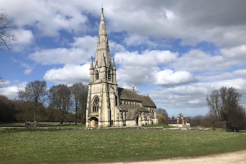 A view of St Mary's Church at Studley Royal, which was established as a result of a tragic family death in 1870 and designed by William Burges.