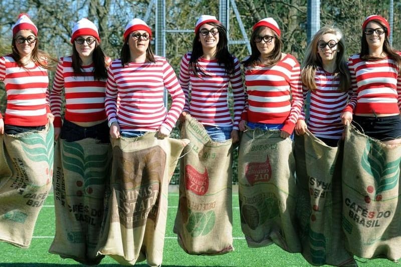 Rossett High School pupils dressed up as 'Where's Wally' in a sack race which 1,400 pupils and staff took part in to raise money for Comic Relief in 2011