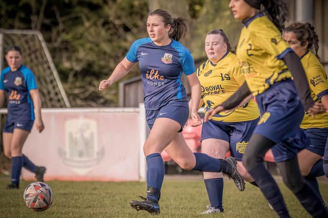 Action from Knaresborough Town Women's West Yorkshire County Women's League Division Four rout of Bradford United Ladies. Picture: Caught Light Photography