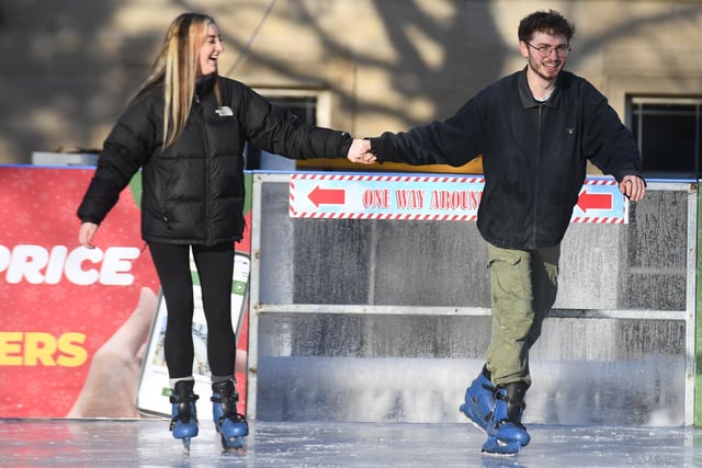 Saul Pratt and Chloe Hart enjoying an afternoon on the outdoor ice rink which can be found in the Crescent Gardens