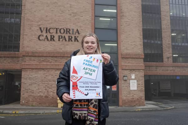Free festive car parking - Bethany Allen from Harrogate Business Improvement District (BID) outside Victoria car park.