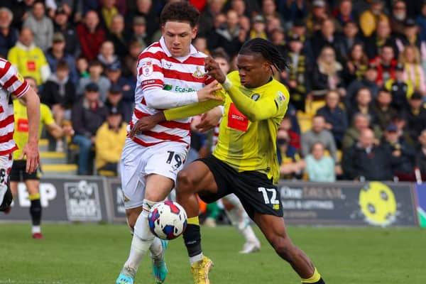 Harrogate Town forward Sam Folarin caused the Doncaster Rovers defence plenty of problems during Saturday's League Two clash at Wetherby Road. Pictures: Matt Kirkham