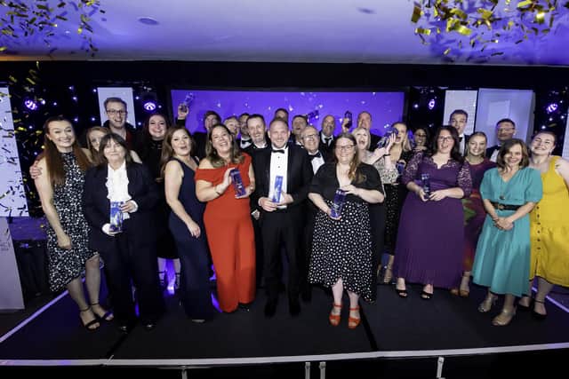 All the winners on stage at the Harrogate Advertiser Business Excellence Awards 2024 at Pavilions, Harrogate. Picture by Allan McKenzie/AMGP.co.uk