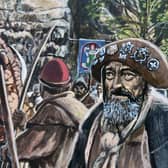 Medieval times - A close-up of one of the pilgrims of pilgrims on Abbey Road in Knaresborough in the early 1400s from a painting by James McKay. (Picture James McKay)