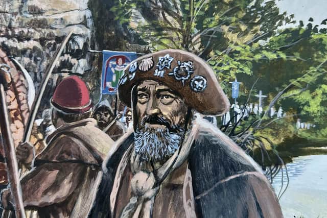Medieval times - A close-up of one of the pilgrims of pilgrims on Abbey Road in Knaresborough in the early 1400s from a painting by James McKay. (Picture James McKay)