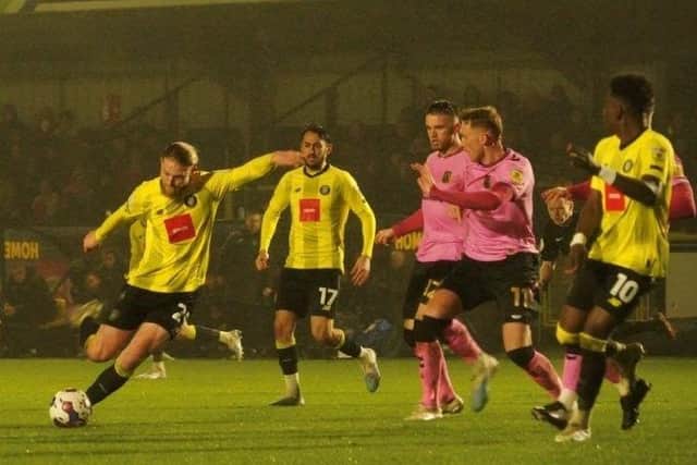 Luke Armstrong fires home Harrogate Town's 50th-minute equaliser at Wetherby Road. Picture: Brody Pattison