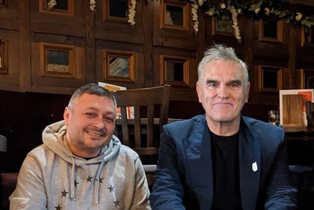 Singer Morrissey at the Harrogate Arms in Harrogate with Chris Russell, who runs Zombie Clothing in Knaresborough.