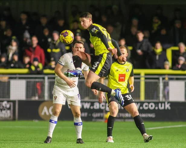 Harrogate Town defender Matty Foulds missed a big chance to break the deadlock early in the second half of Friday night's League Two defeat to Tranmere Rovers. Pictures: Matt Kirkham
