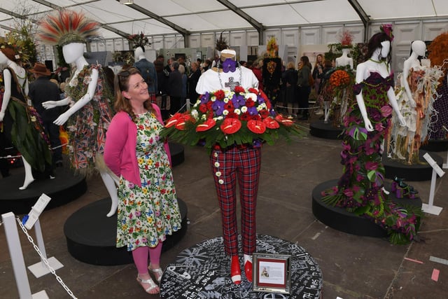 Sara Curston admiring the Vivienne Westwood tribute in the Floral Art marquee at the show