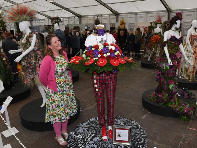 Sara Curston admiring the Vivienne Westwood tribute in the Floral Art marquee at the show