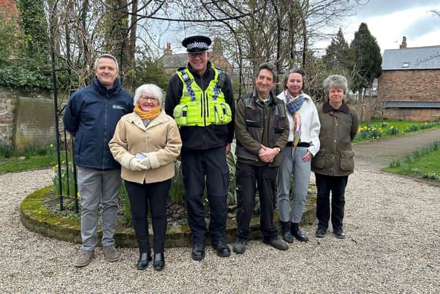 Pictured from left to right are North Yorkshire Council’s community safety officer, Paul Roberts; North Yorkshire Council’s elected member for the Ripon Ure Bank and Spa division, Coun Barbara Brodigan; North Yorkshire Police’s police community support officer, Phil Wright; chairman of Ripon in Bloom, Chris Searle; Ripon BID manager, Lilla Bathurst; and Ripon Civic Society’s Mandy Whitehead