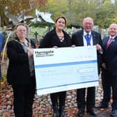 £12,000 charity boost - Commercial and community development manager Jon Clubb, Harrogate Borough Mayor Coun Victoria Oldham, chairperson of Our Angels Emma Lofthouse, arrogate Borough Deputy Mayor Coun Robert Windass and bereavement services manager Stephen Hemsworth.